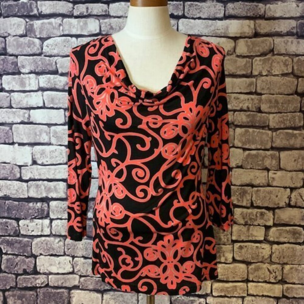 INC Black & Orange Draped Neck Blouse Size L
